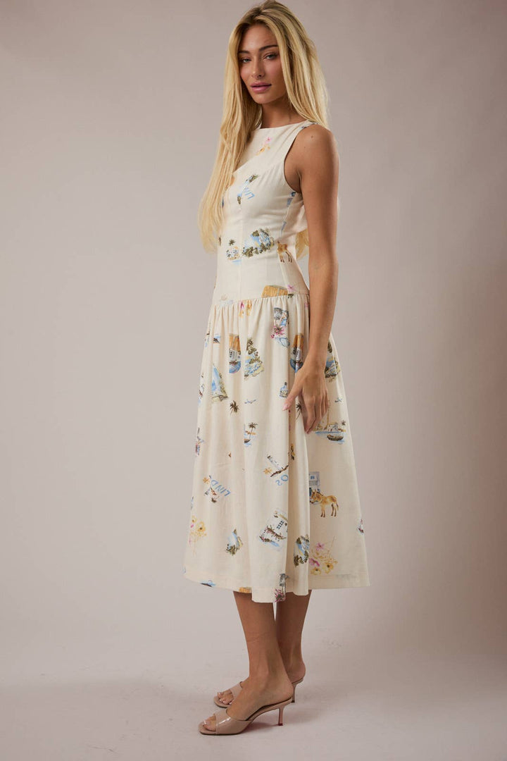 BOAT NECK SLEEVELESS DROP WAIST MIDI DRESS - CREAM MULTI