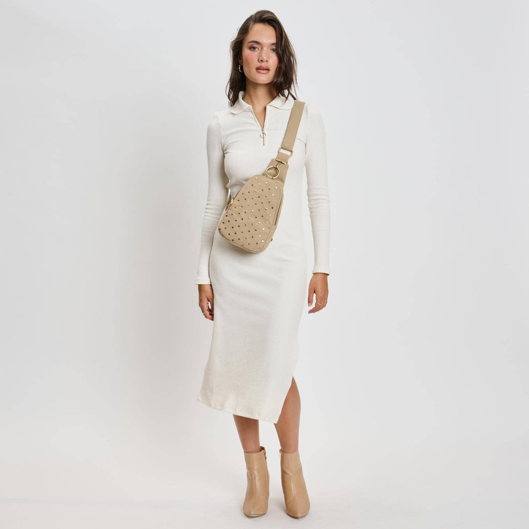 REGINA STUDDED VEGAN LEATHER SLING BACKPACK
