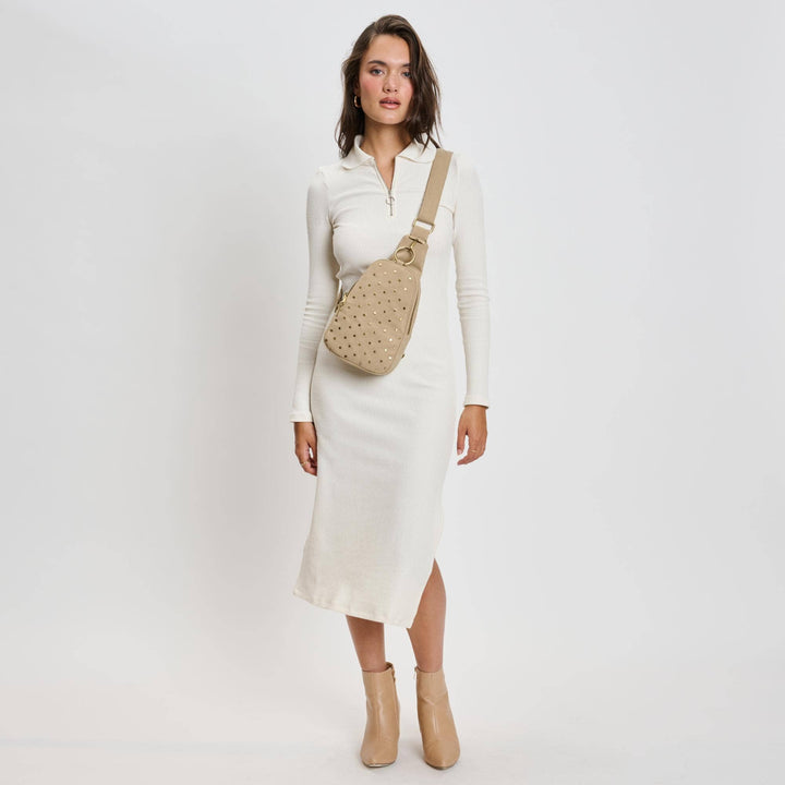 REGINA STUDDED VEGAN LEATHER SLING BACKPACK