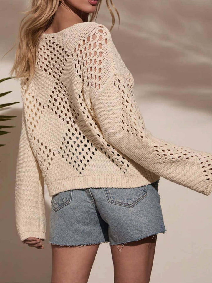 OPEN-WEAVE OFF SHOULDER CROCHET SWEATER - BEIGE