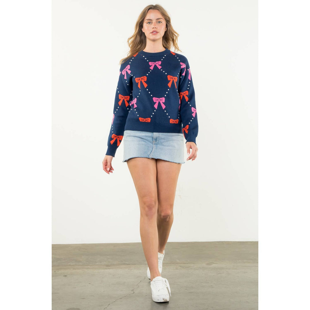 RIBBONS + BOWS KNIT SWEATER - NAVY