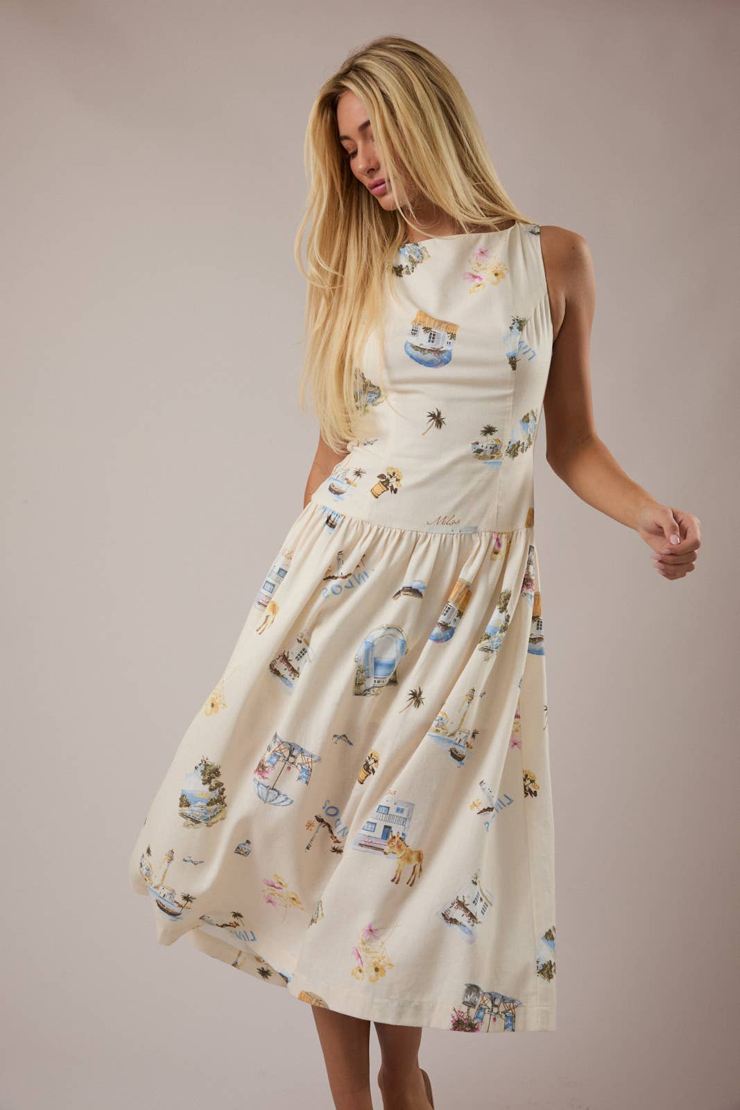 BOAT NECK SLEEVELESS DROP WAIST MIDI DRESS - CREAM MULTI