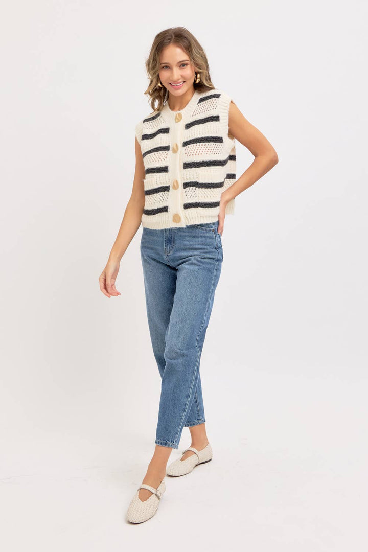 STRIPE SWEATER KNIT SLEEVELESS TOP - CREAM + NAVY