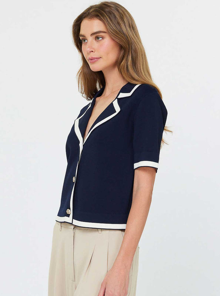 CONTRAST EDGE CROPPED SWEATER JACKET - NAVY