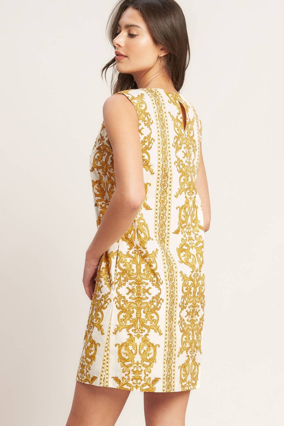 PRINTED WOVEN MINI SHIFT DRESS - YELLOW + WHITE
