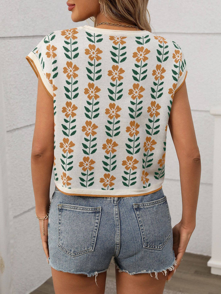 SHORT SLEEVE CROPPED KNIT FLORAL SWEATER - KHAKI