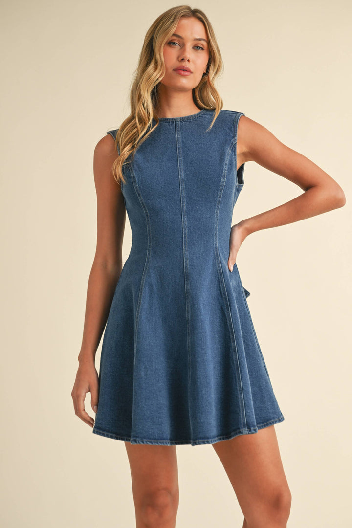OPEN BACK DENIM A-LINE MINI DRESS - DARK WASH
