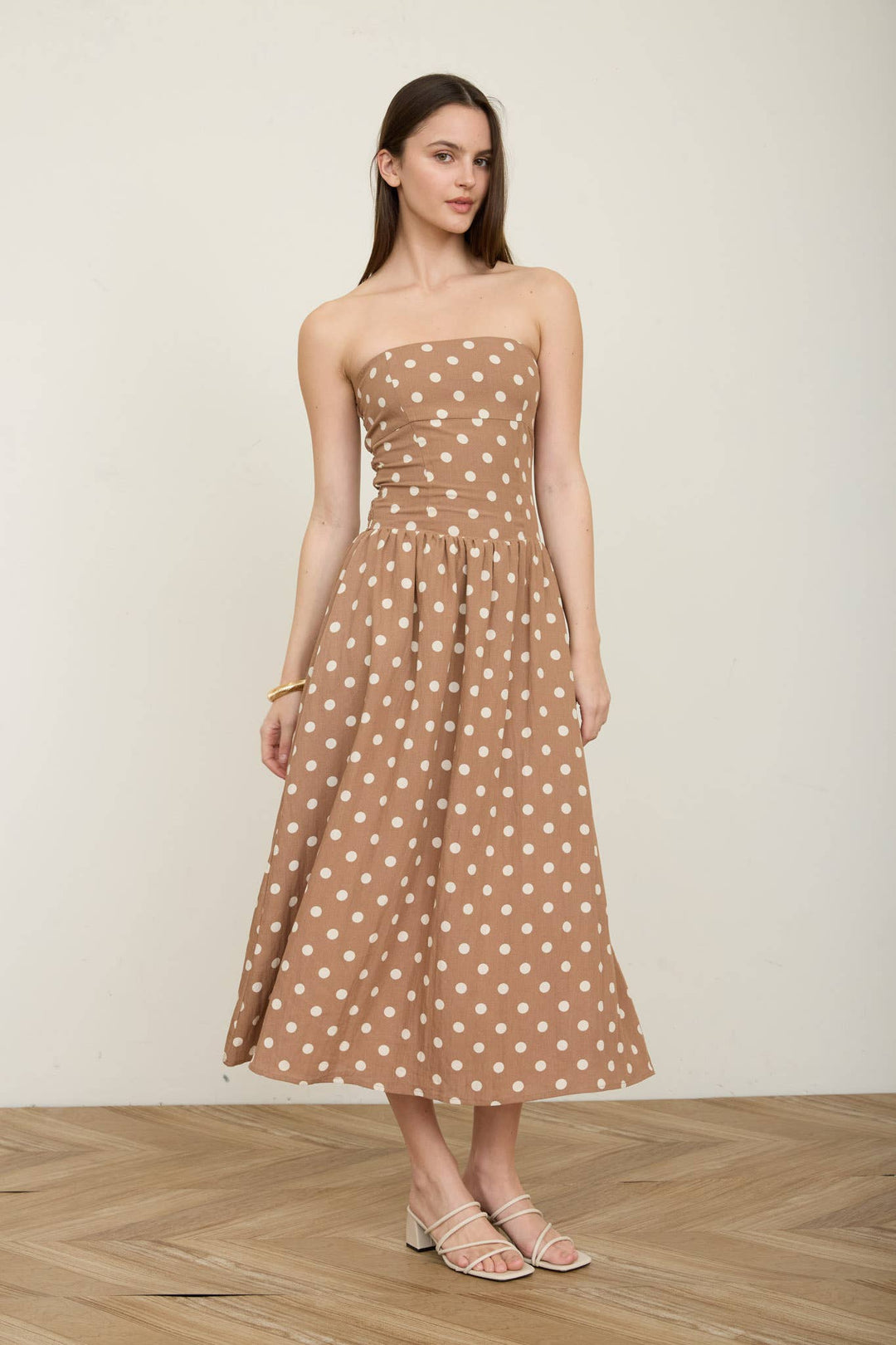 POLKA DOT STRAPLESS MIDI DRESS