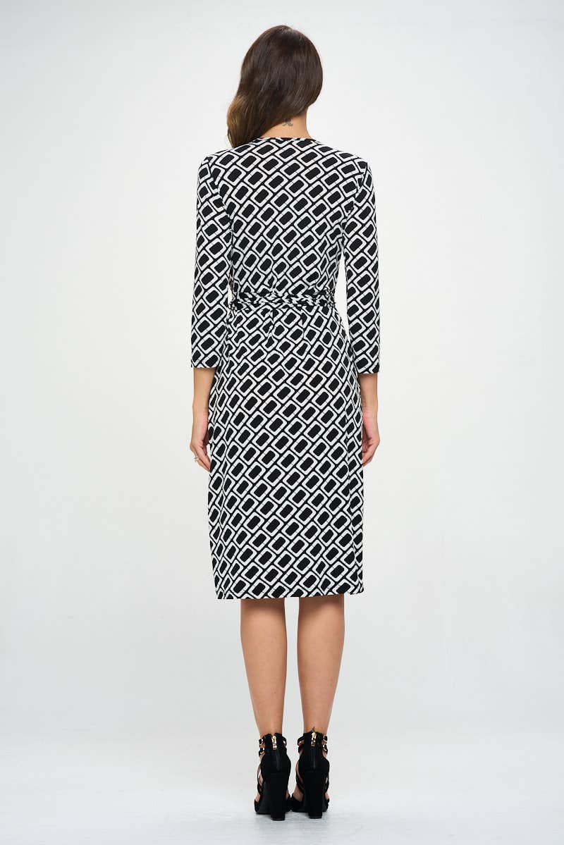 GEOMETRIC PRINT JERSEY WRAP DRESS - BLACK