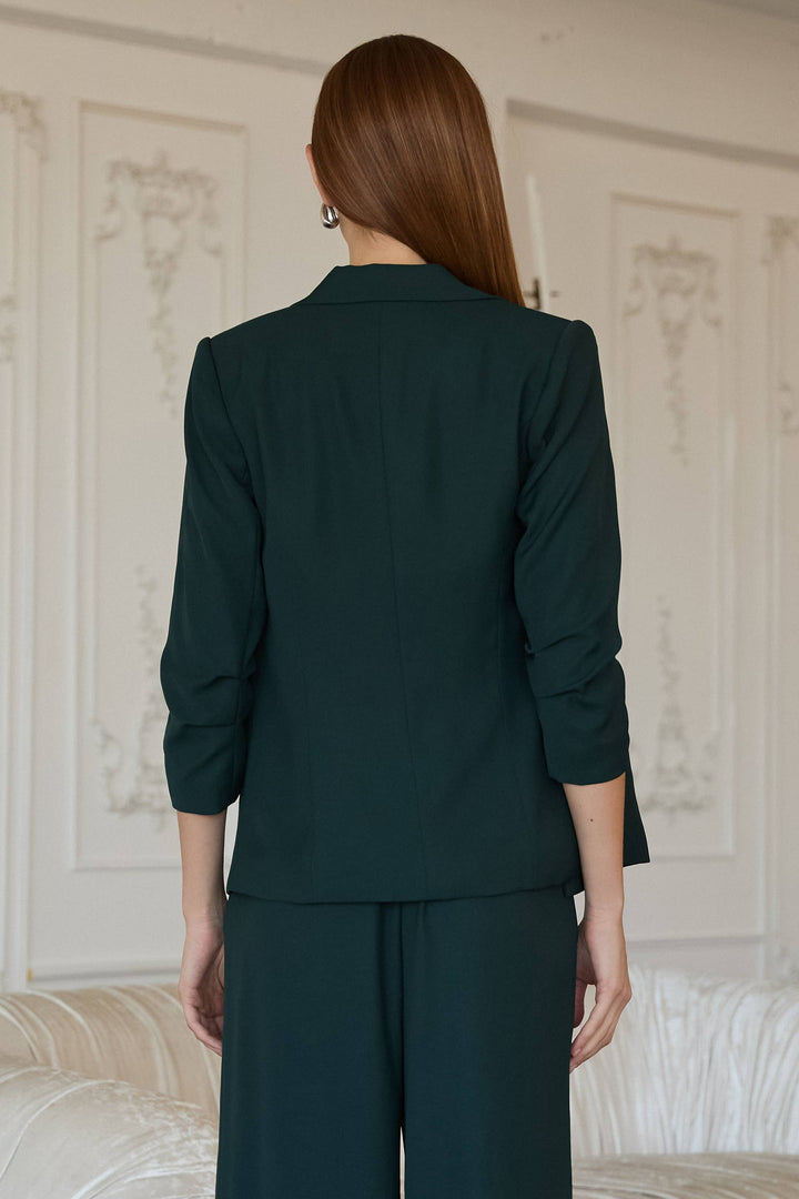 RECYCLED POLY SHIRRED SLEEVE BLAZER - BLACK