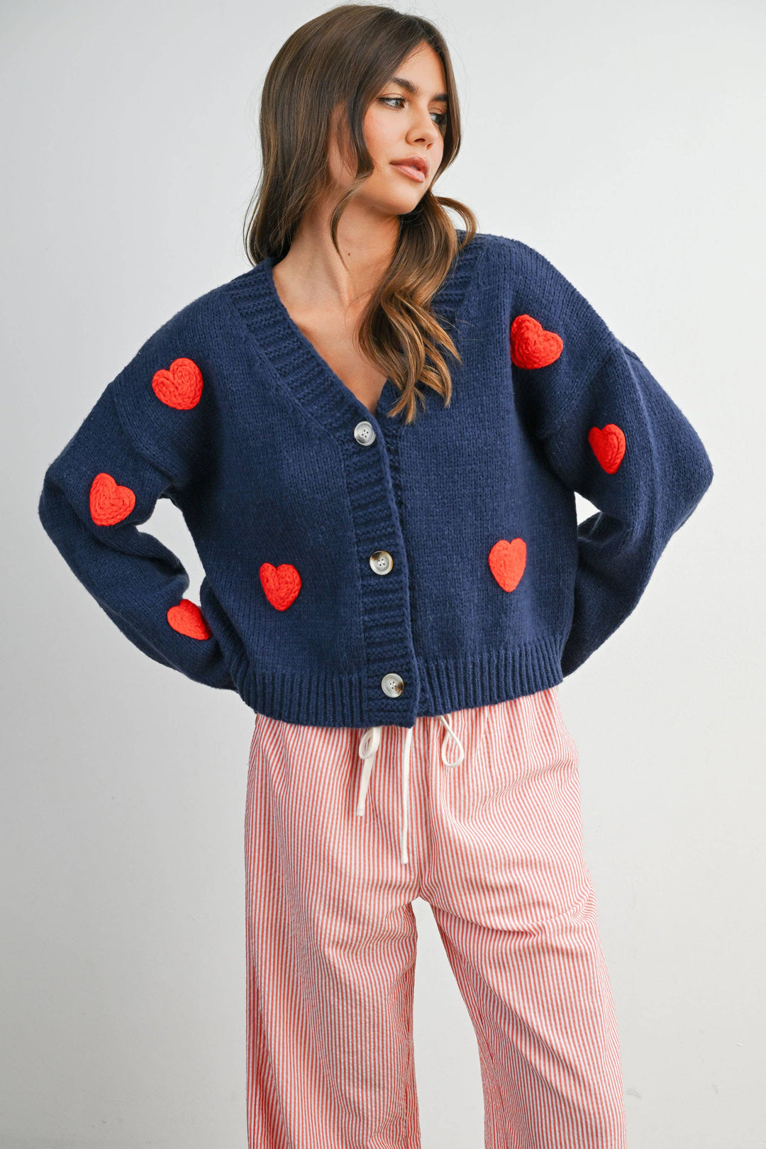 HEART PATTERN CROP CARDIGAN - NAVY
