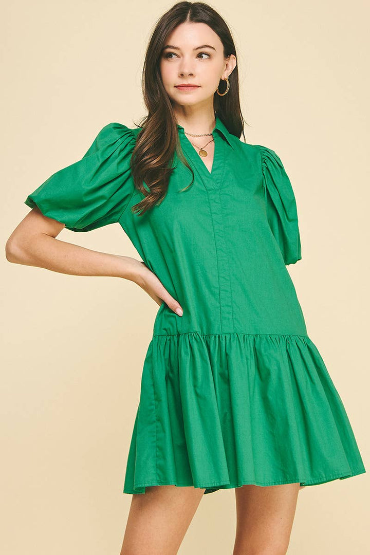 COLLARED TIERED MINI DRESS - KELLY GREEN