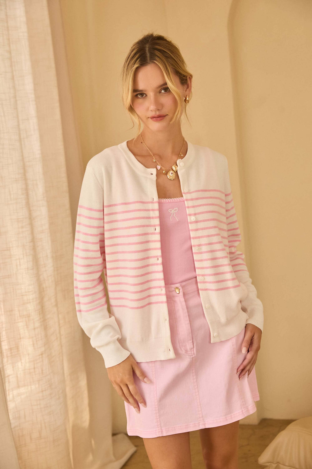 STRIPED BUTTON-DOWN CARDI - PINK + WHITE