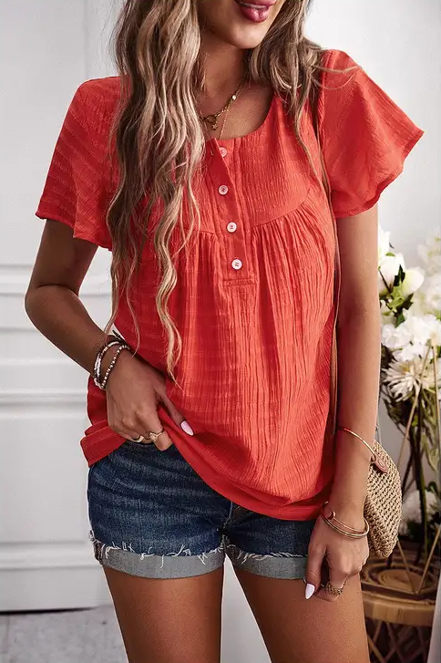 RUCHED BUTTON FRONT LOOSE FIT TOP - ORANGE