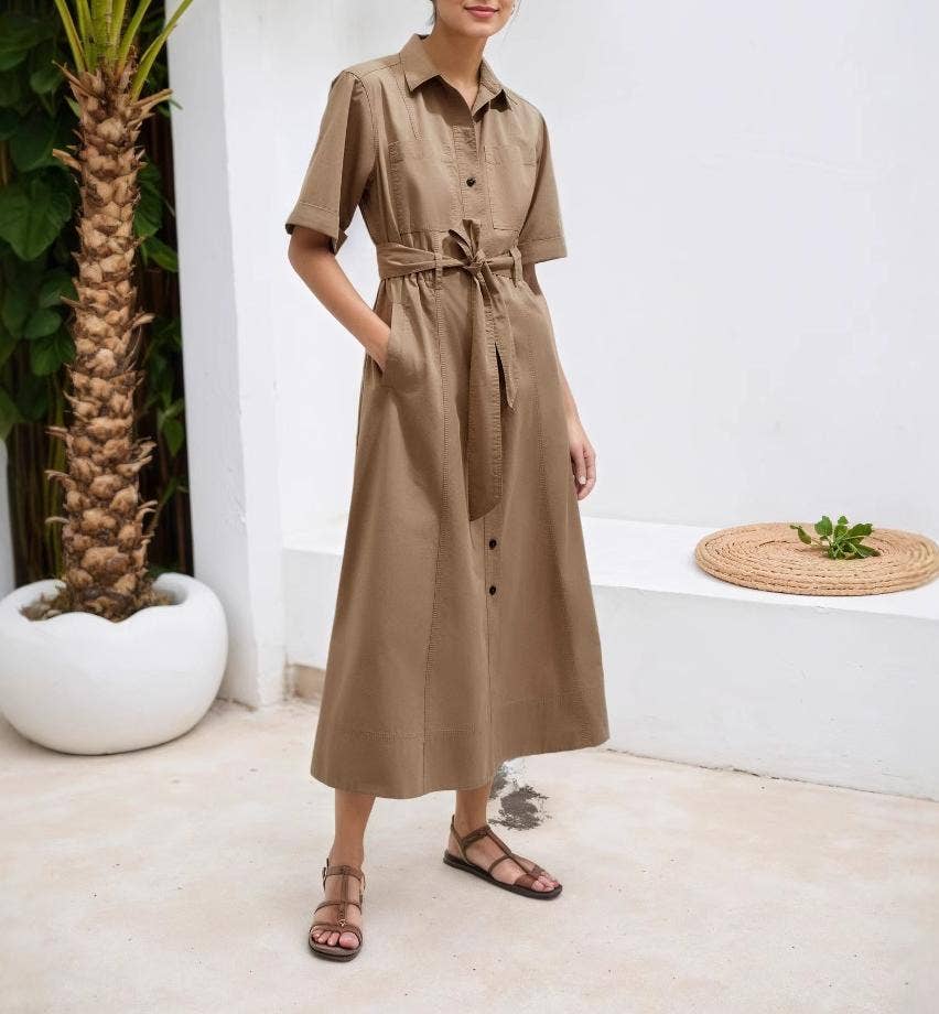 BUTTON DOWN MIDI SHIRT DRESS - KHAKI