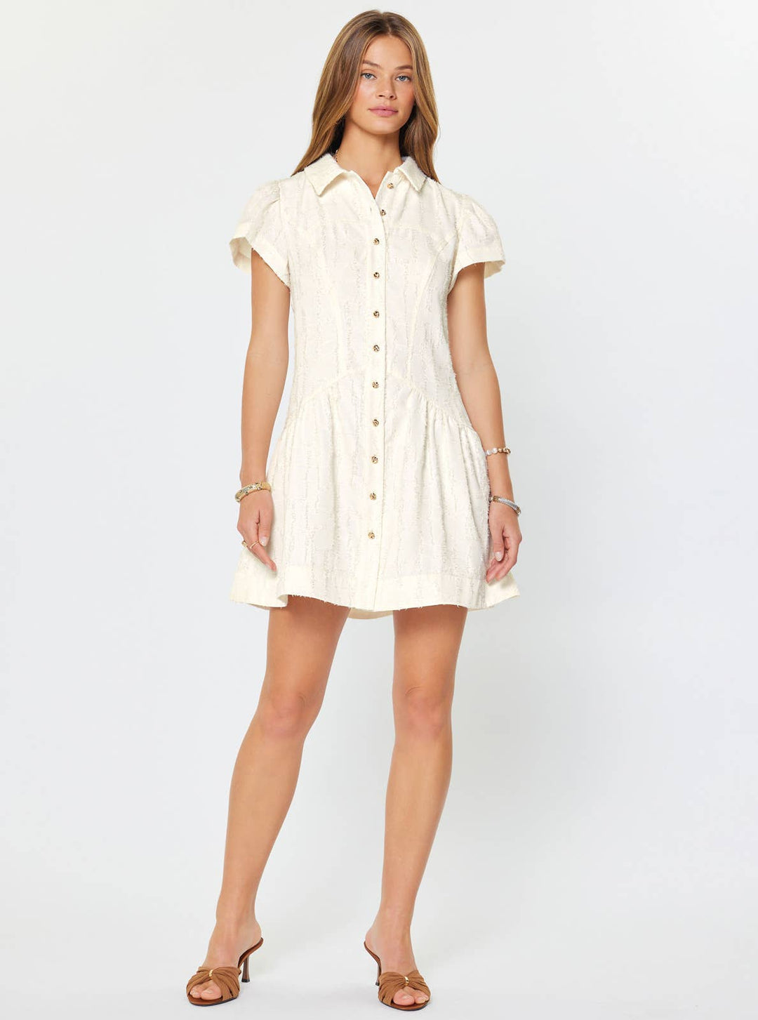 TEXTURED BUTTON DOWN MINI DRESS - CREAM