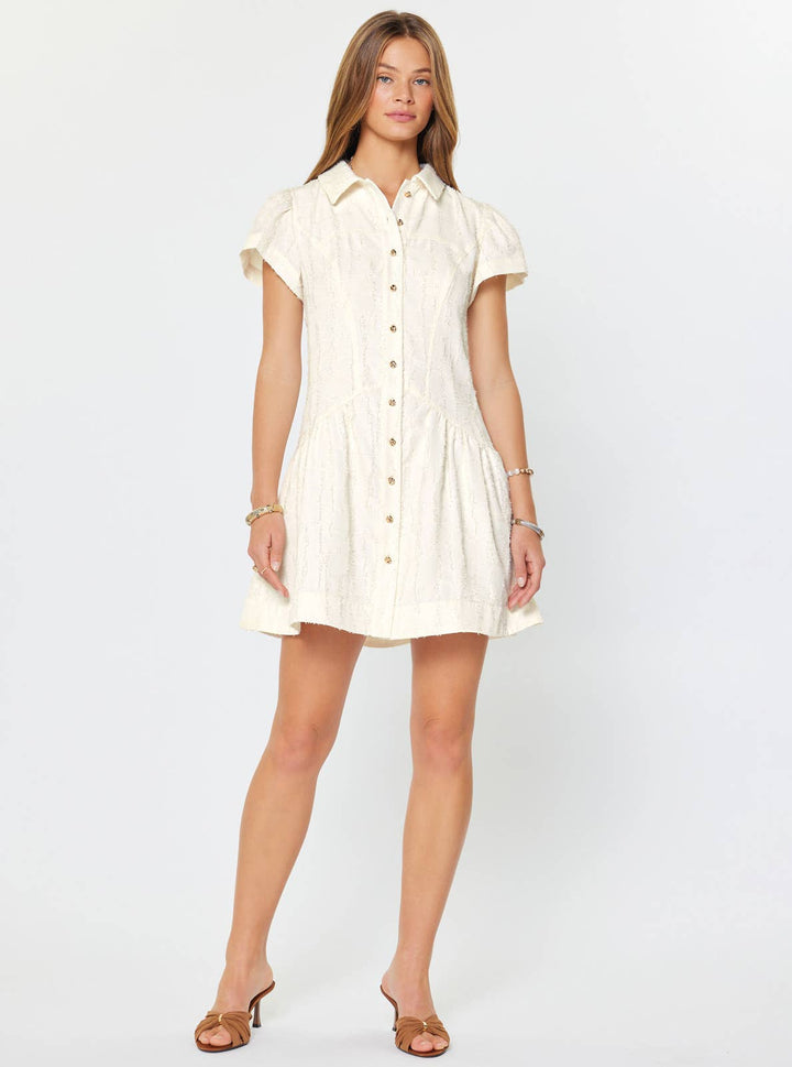 TEXTURED BUTTON DOWN MINI DRESS - CREAM