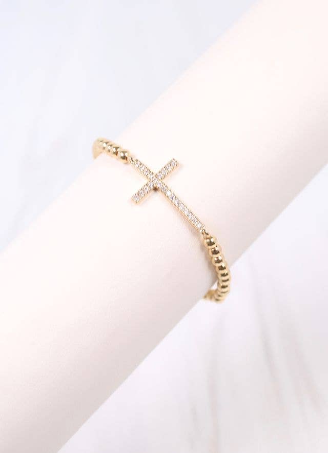 PATERSON GOLD BEAD + CZ CROSS BRACELET - GOLD