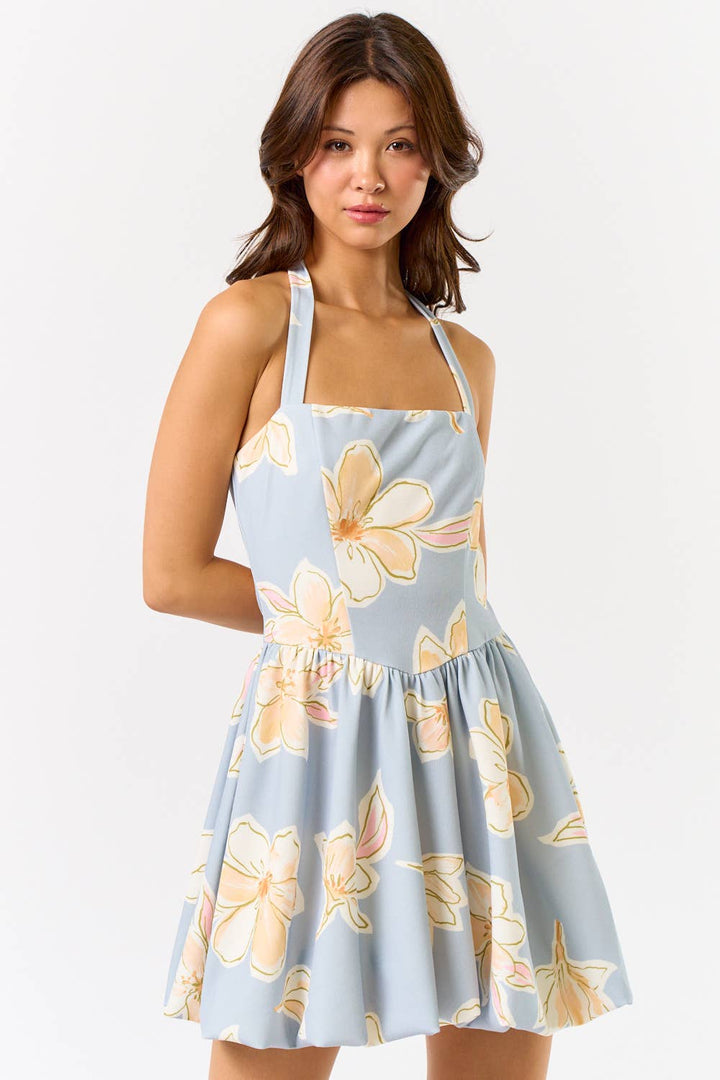 HALTER NECK FLORAL PRINT MINI BUBBLE DRESS - BLUE