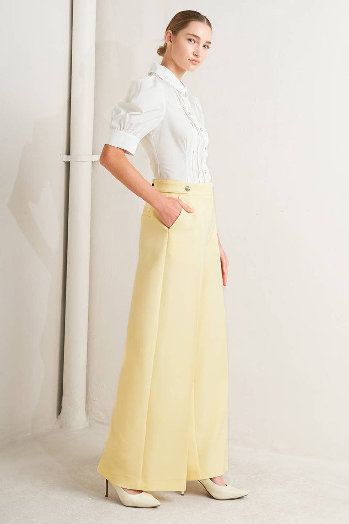 SOLID WOVEN WIDE LEG PANT - LEMON