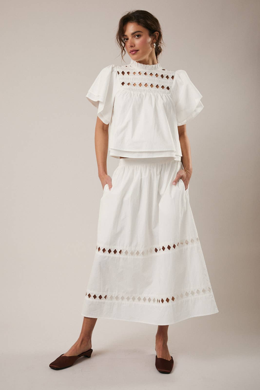 HIGH WAIST CUT OUT DETAIL MIDI SKIRT - MILK WHITE