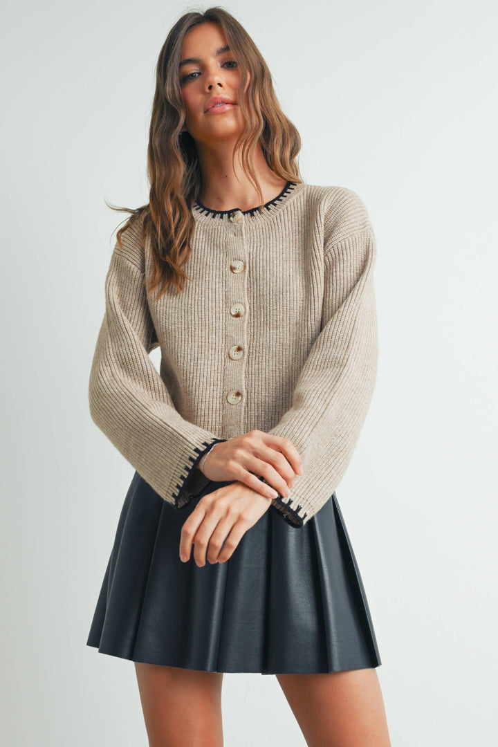 CONTRAST WHIPSTITCH CREWNECK CARDIGAN - TAUPE