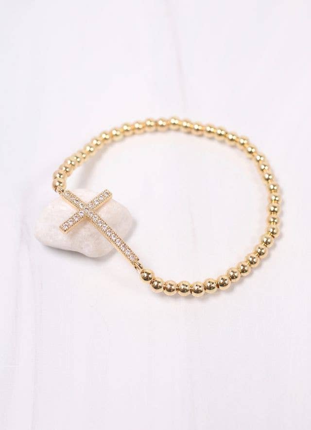 PATERSON GOLD BEAD + CZ CROSS BRACELET - GOLD