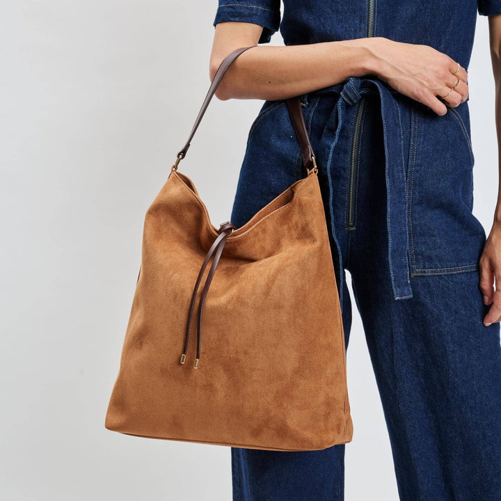 FELICITY HOBO VEGAN SUEDE BUCKET BAG - COGNAC