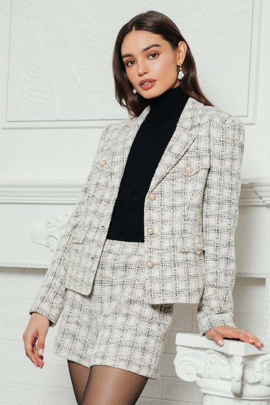 PLAID TWEED BUTTON DOWN LADY JACKET - BLACK + WHITE