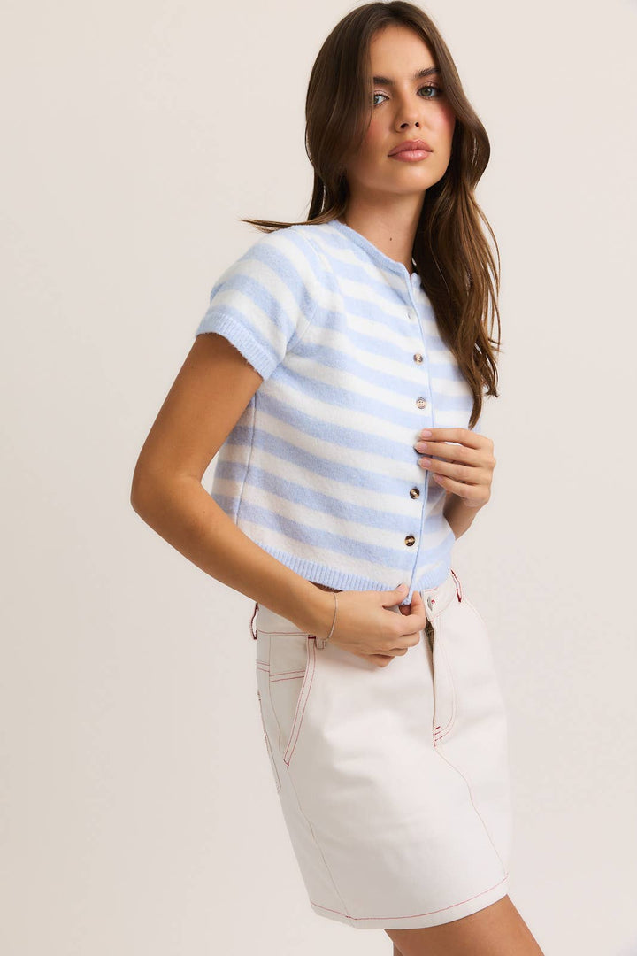 STRIPED BUTTON DOWN CROPPED CARDI - POWDER BLUE + WHITE