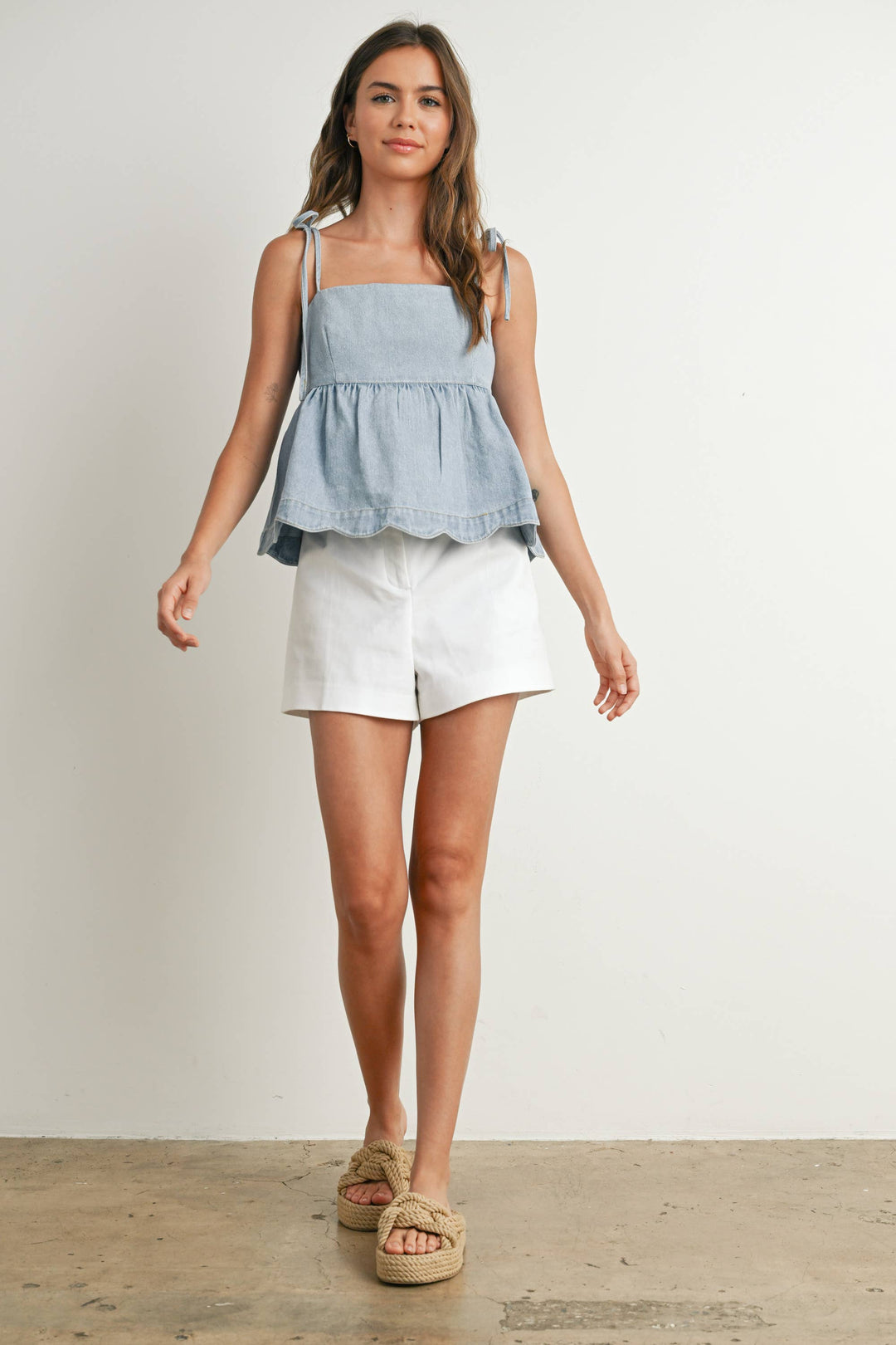 DENIM TIE STRAP PEPLUM TOP - LIGHT BLUE