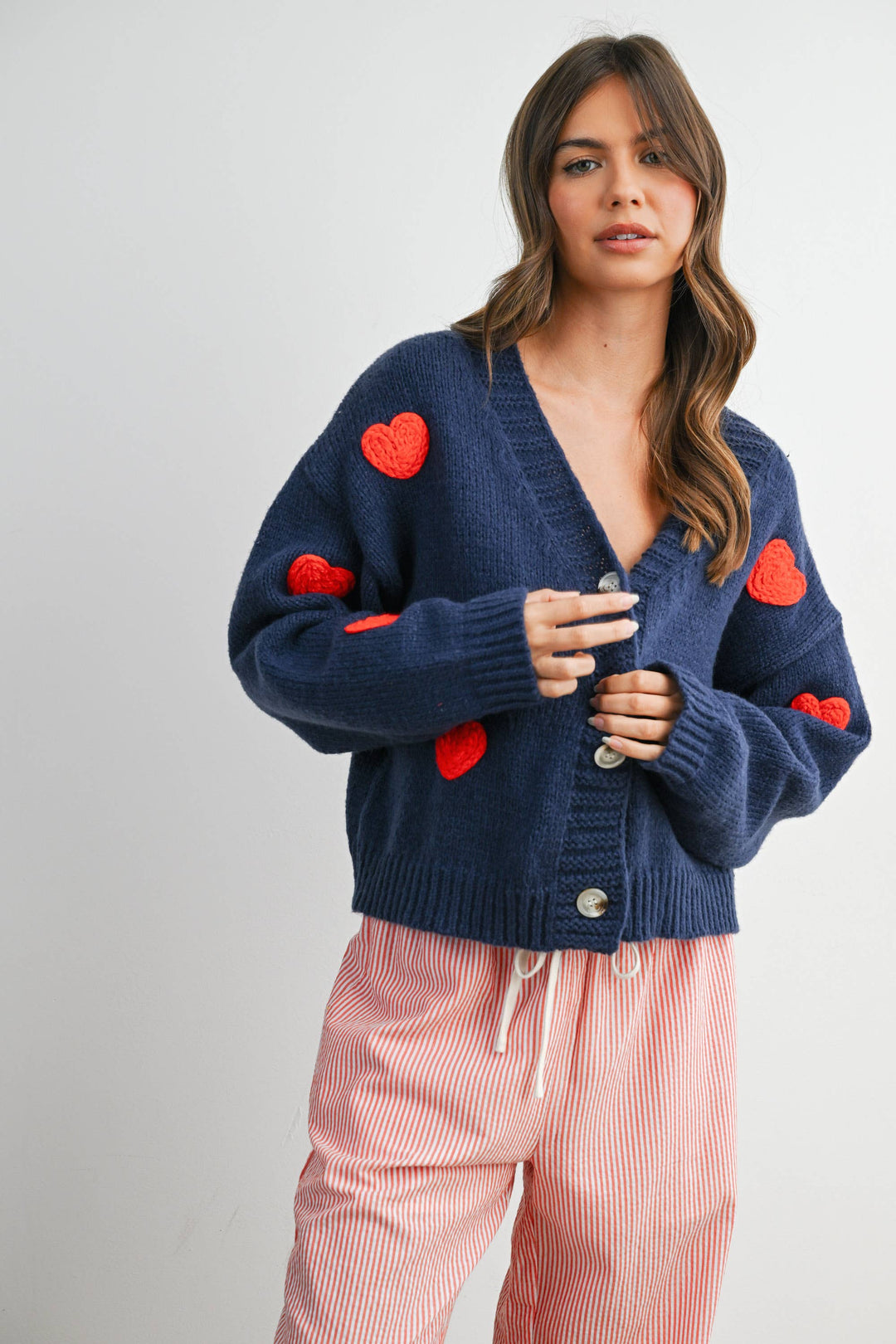 HEART PATTERN CROP CARDIGAN - NAVY