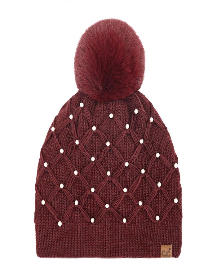 PEARL + POM BEANIE - BURGUNDY