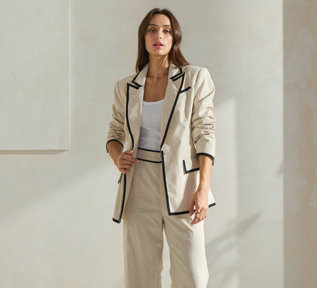 CONTRAST TRIM LINEN BLAZER - BEIGE + BLACK