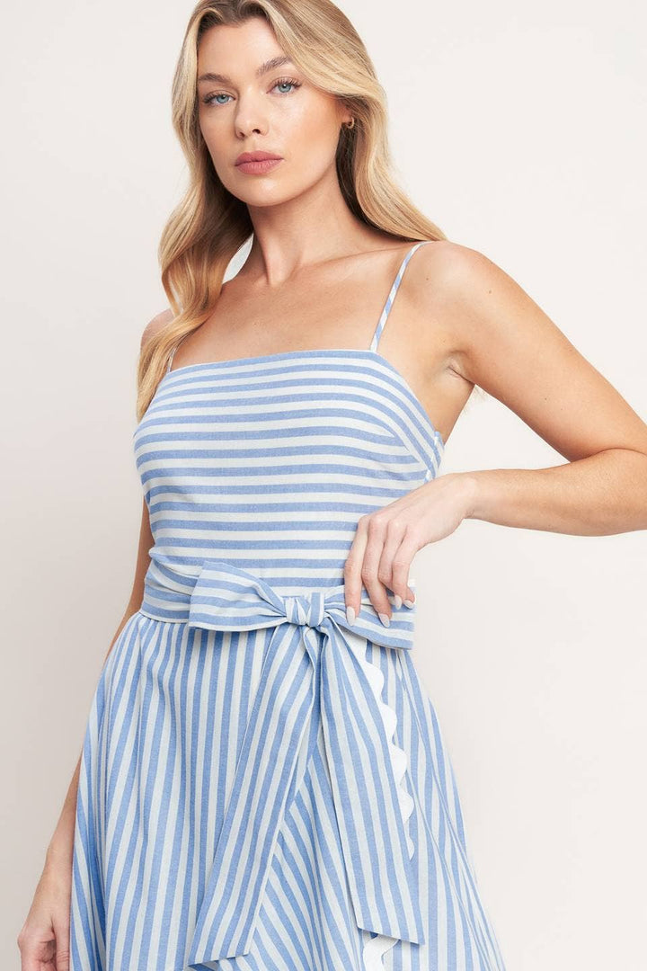 STRIPED FAUX WRAP RIC RAC MIDI DRESS - BLUE + WHITE