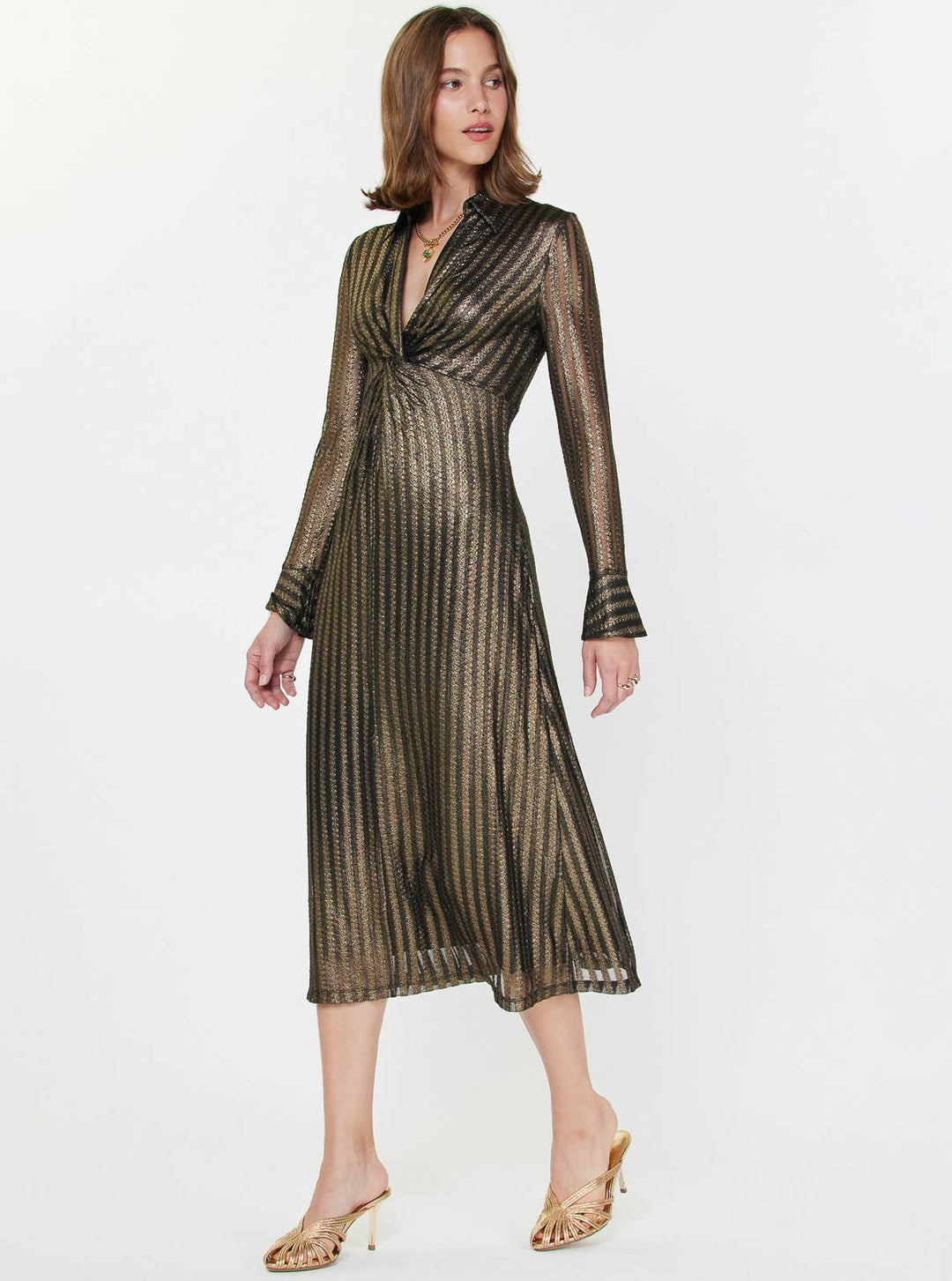 METALLIC STRIPED MIDI DRESS - BLACK GOLD