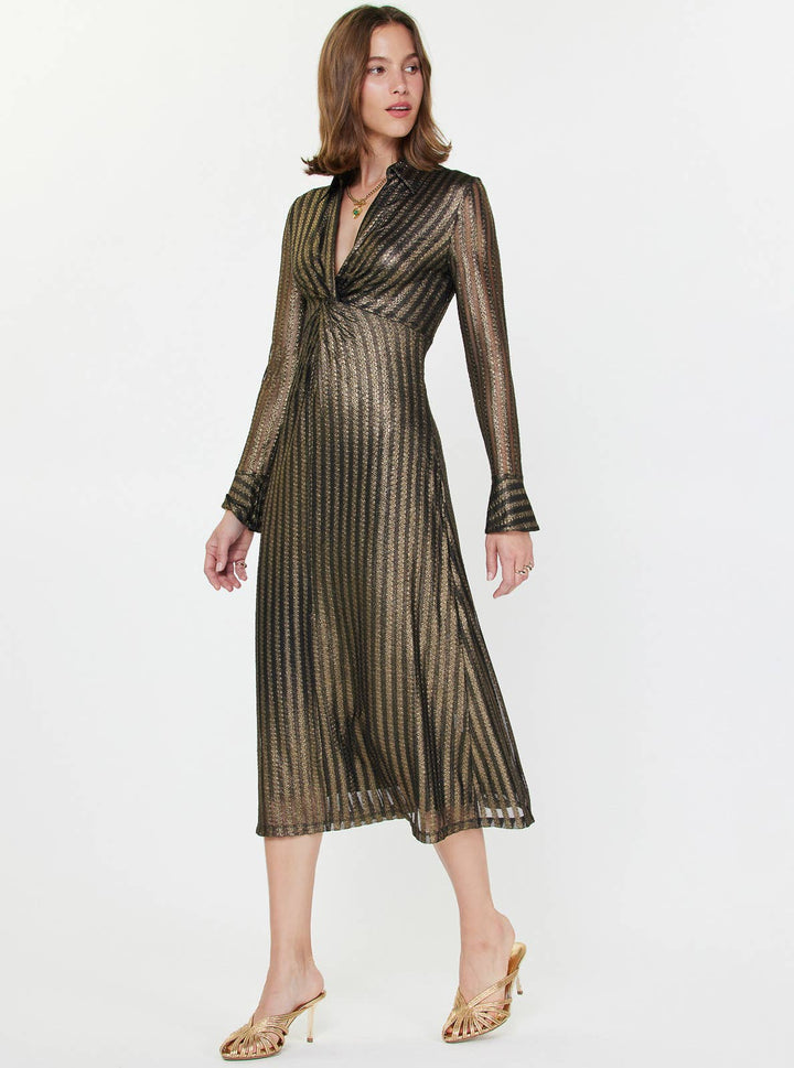 METALLIC STRIPED MIDI DRESS - BLACK GOLD