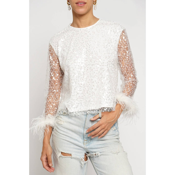 SEQUIN MESH FEATHER TOP - WINTER WHITE