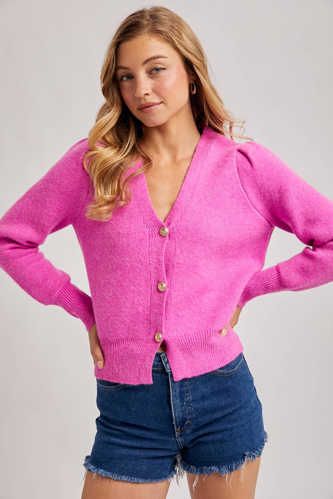 BUTTON DOWN V-NECK CARDIGAN: HOT PINK / S