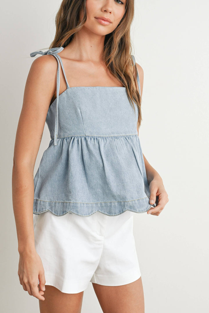 DENIM TIE STRAP PEPLUM TOP - LIGHT BLUE