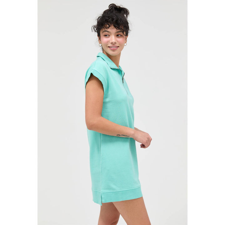 HALF ZIP MOCK NECK MINI DRESS - TURQUOISE