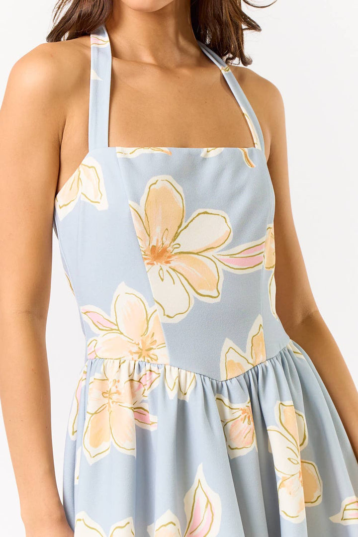 HALTER NECK FLORAL PRINT MINI BUBBLE DRESS - BLUE