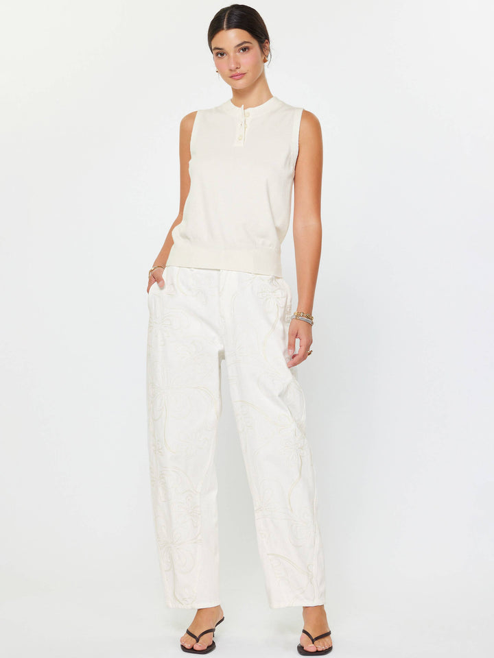 FLORAL EMBROIDERED BARREL JEANS - WHITE