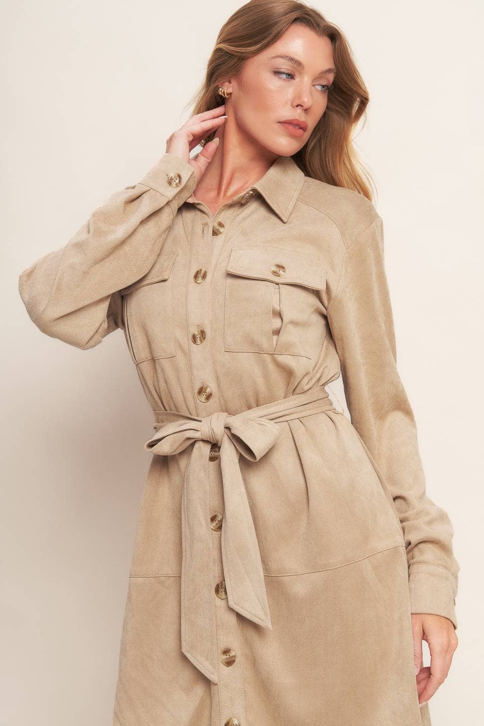 VEGAN SUEDE MINI SHIRT DRESS - CAFE AU LAIT