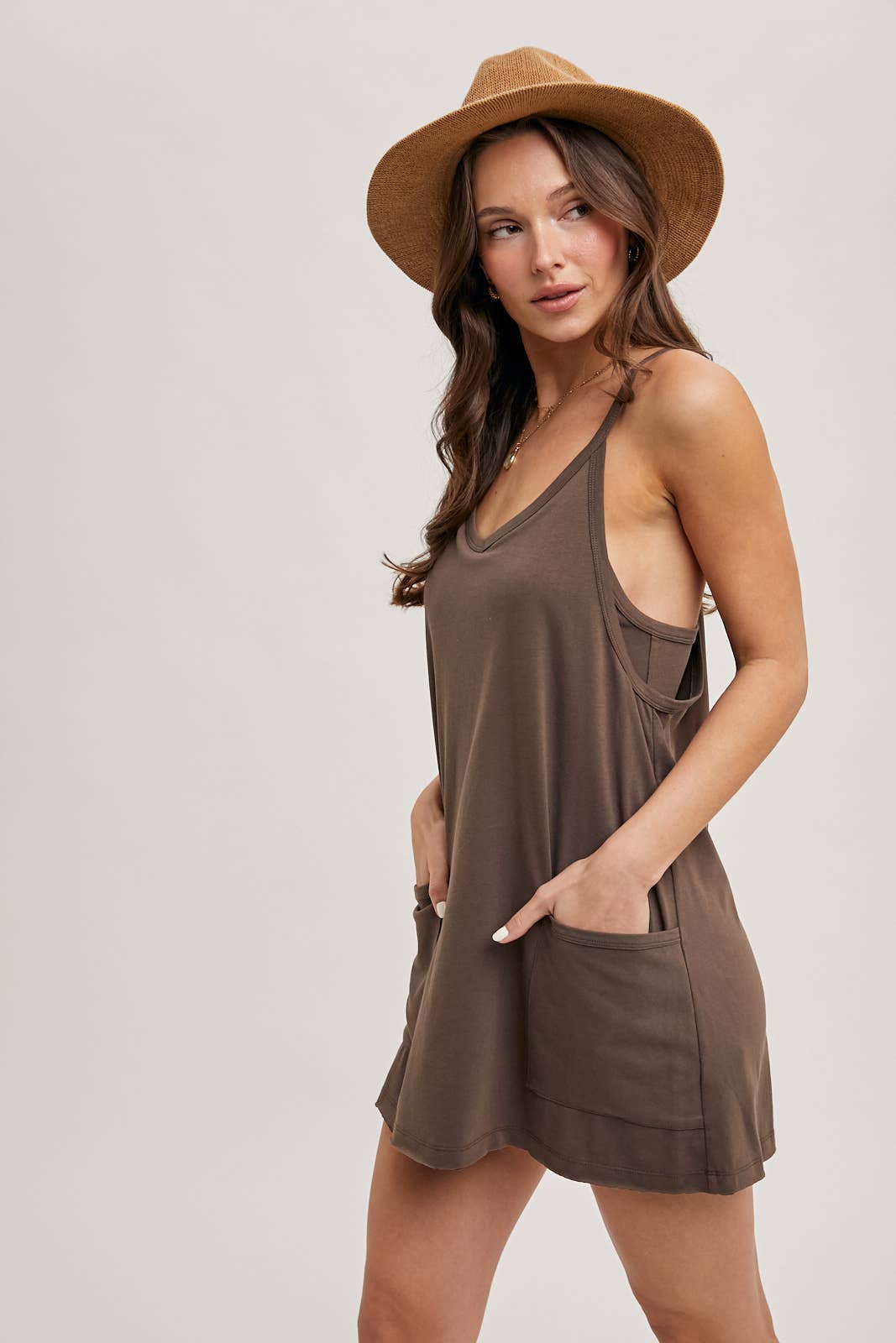 BUILT-IN SHORTS KNIT SLEEVELESS MINI DRESS - COFFEE