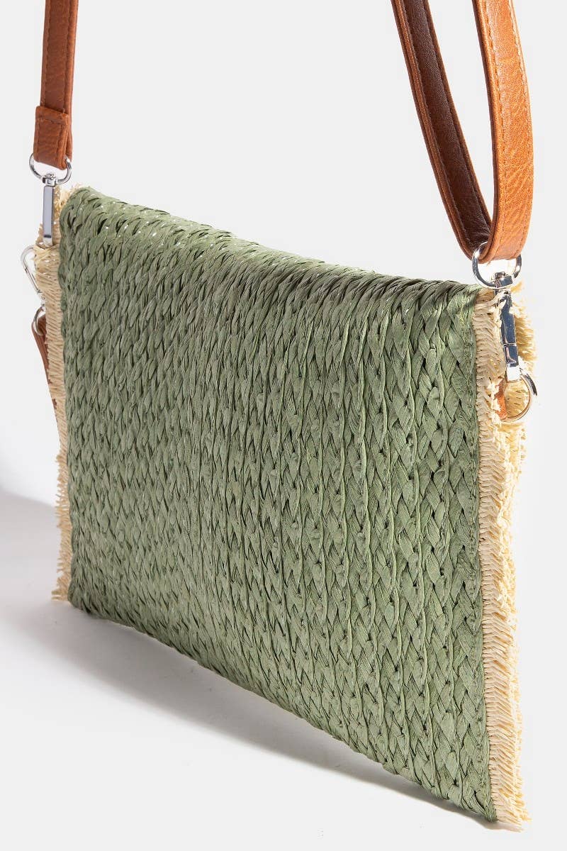 CONTRAST TRIM BRAIDED STRAW ENVELOPE CLUTCH