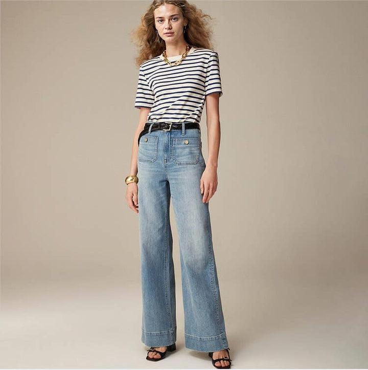 WIDE LEG LOOSE FIT PRE-WASHED HIGH WAIST BUTTON TRIM JEANS