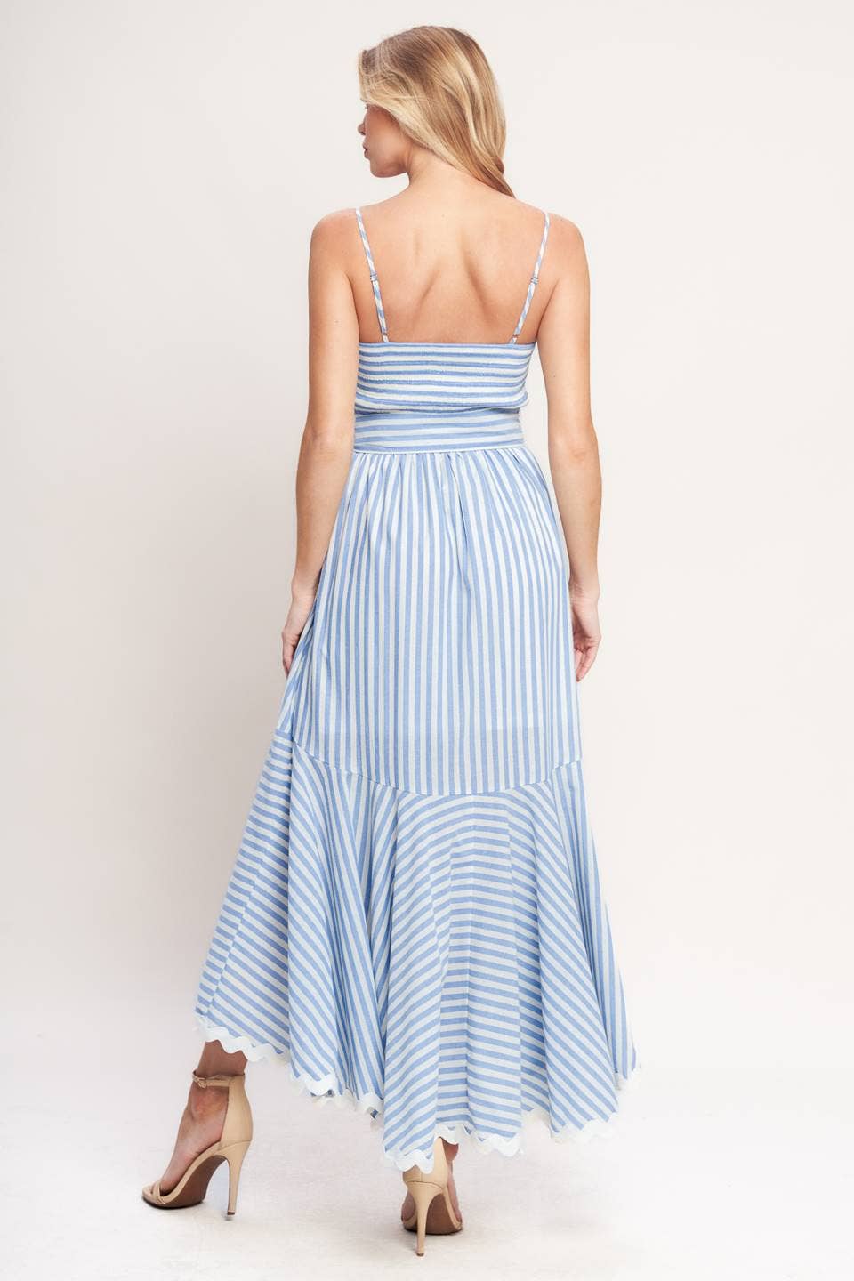 STRIPED FAUX WRAP RIC RAC MIDI DRESS - BLUE + WHITE