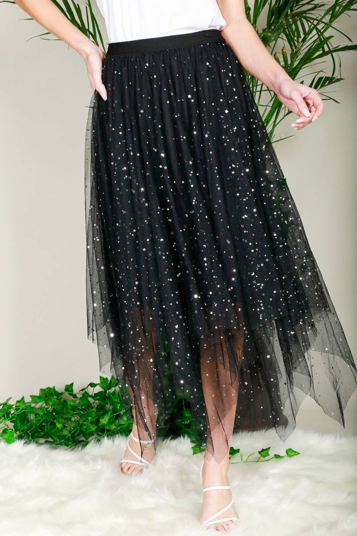 STAR PATTERNED TULLE MIDI SKIRT - BLACK