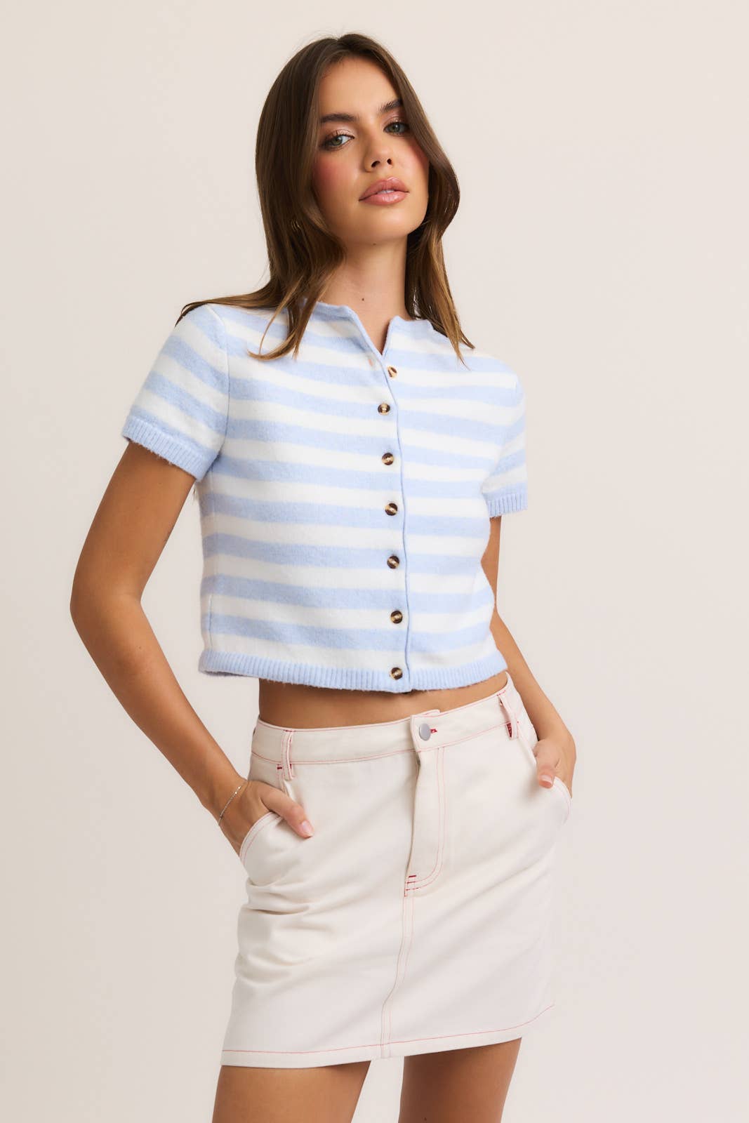 STRIPED BUTTON DOWN CROPPED CARDI - POWDER BLUE + WHITE